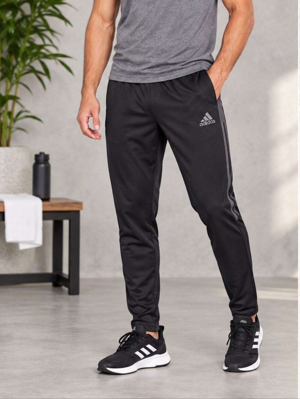 adidas Black Men's Athletic Joggers with Contrast Side Stripes